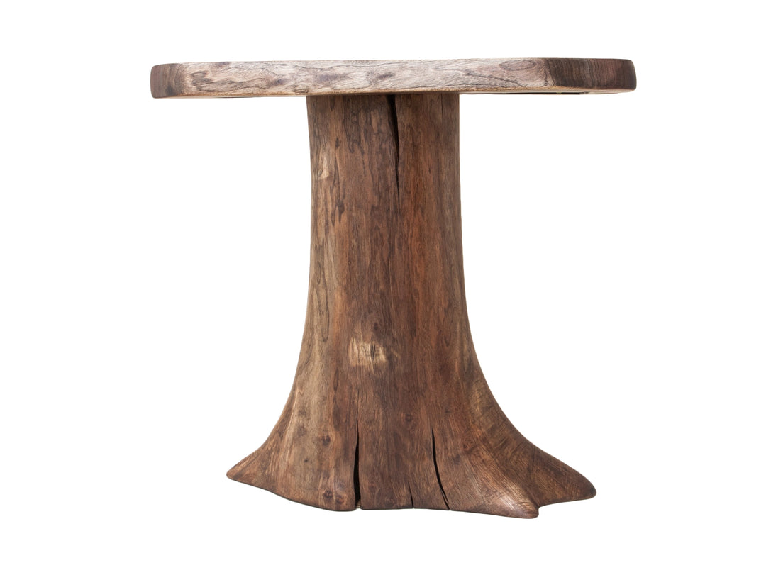 Back side view of a side table with a brown thick live edge slab on a tree root base multi brown colors.