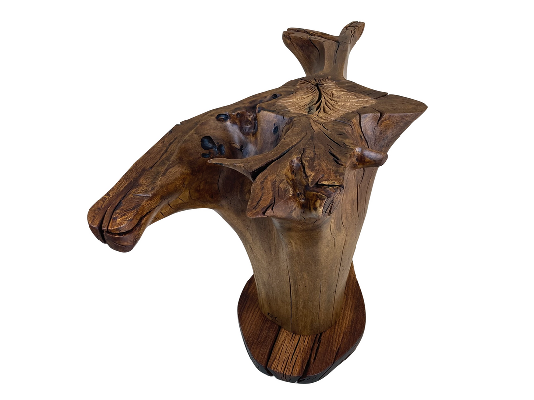 Top side view of oak tree stump dining table without glass - white background.