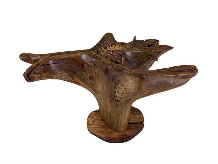 Aerial view of oak tree root dining table without glass top.