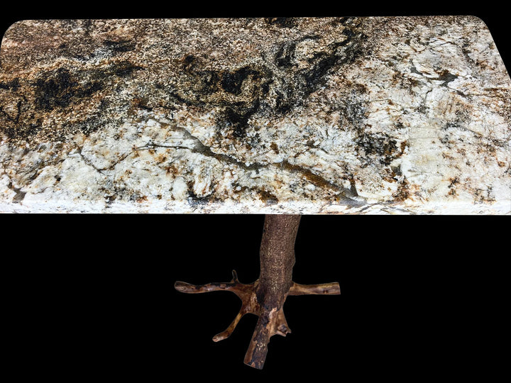 Close up of a rectangular white, gold, and black granite to mounted on a tree base with black background.