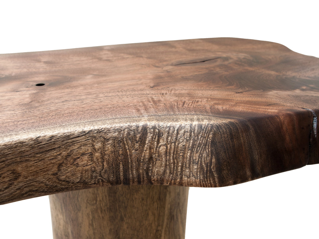 Close up of the fiddle back figuring of a live edge slab on a Black Walnut tree base against a white back drop.