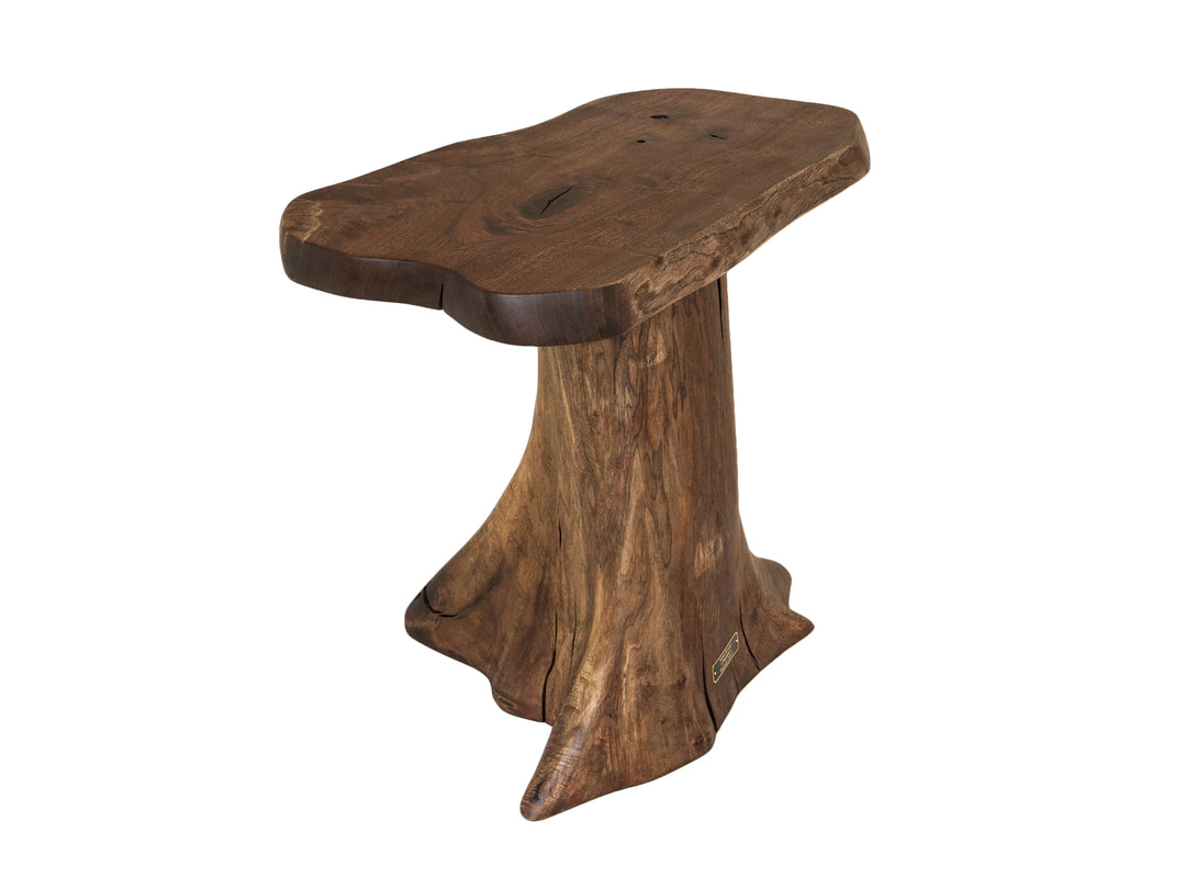 Side and aerial view of a rustic side table made of solid brown Black Walnut with a white background.