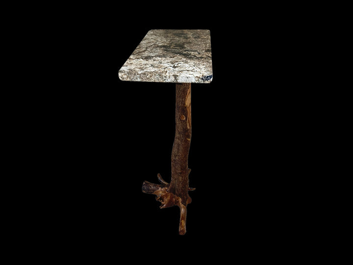 A rustic console table with a rectangular polished stone top on a brown tree trunk base.