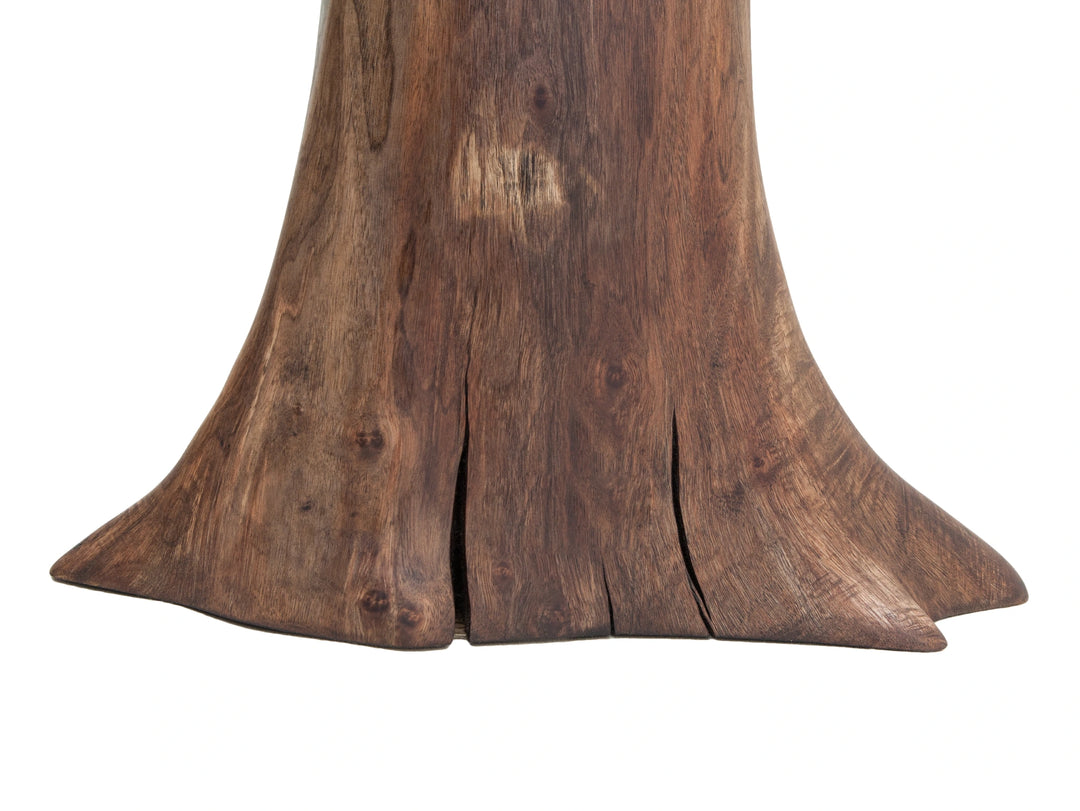 Base portion of a polished satin brown side table with a white background.