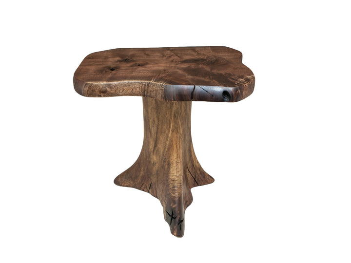 Front view of a side table with a thick live edge Black Walnut slab on an oiled Black Walnut stump.