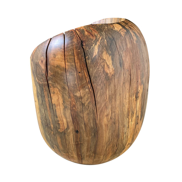 Back side of solid sycamore chair showing grain patters and natural oil finish.  White background.