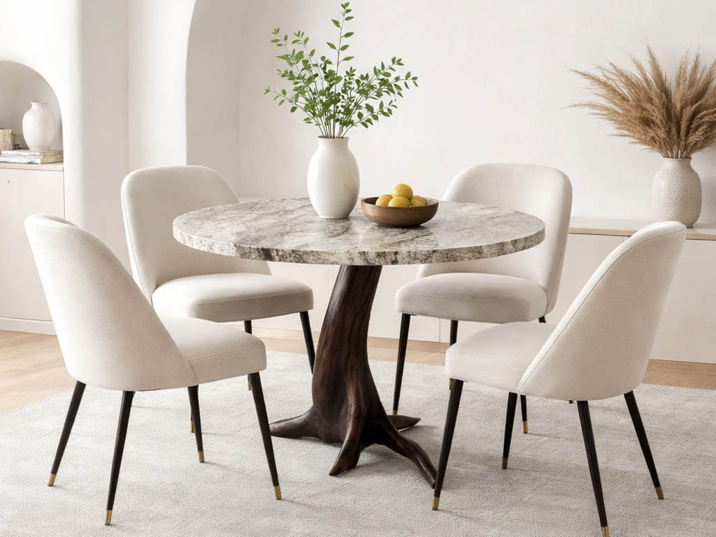 Dining room with a round granite top table  with a smooth dark black walnut tree base and four chairs in a bright, minimalistic setting.