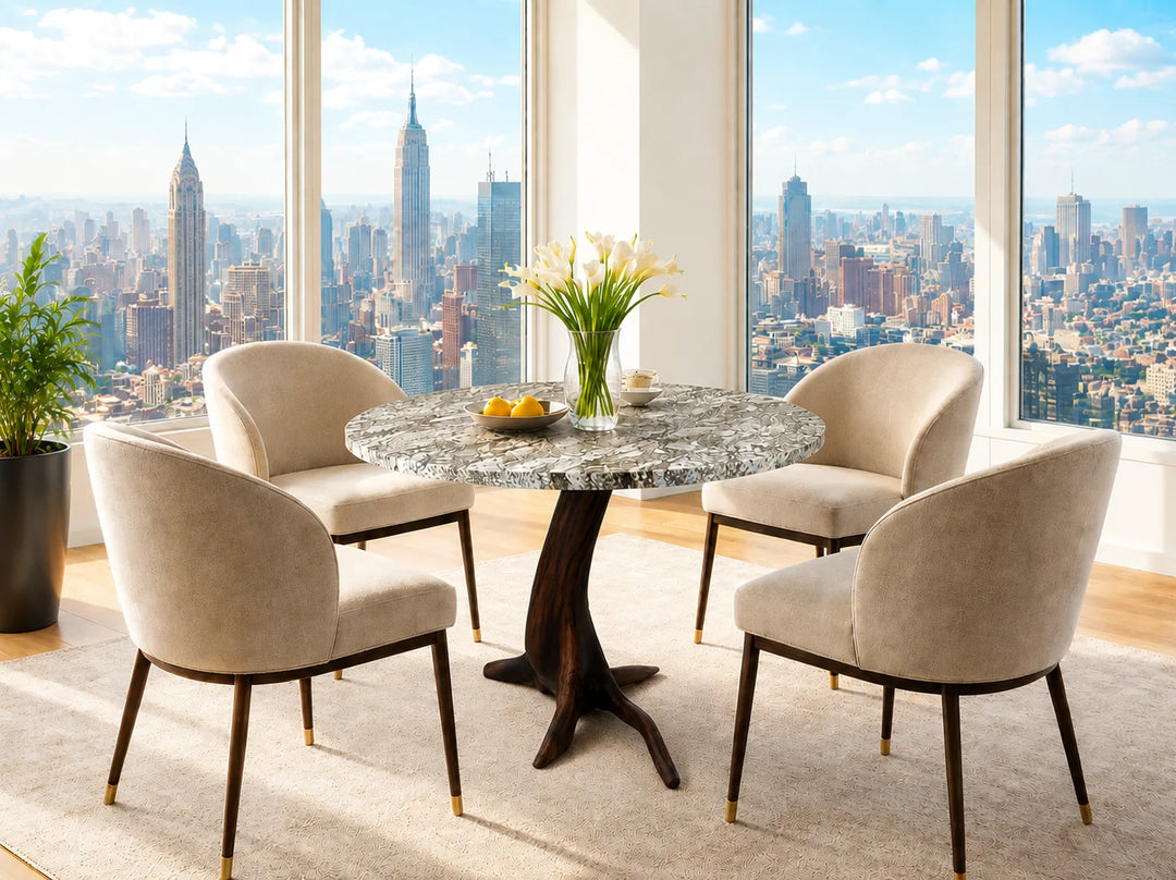 A round granite dining table top on a sleek black walnut tree stump base  overlooking a city scape.
