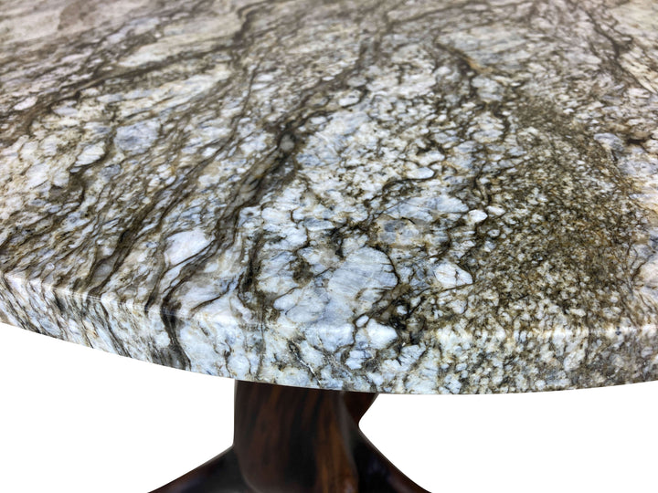Close-up of a blue dunes granite  table with gray and white patterns