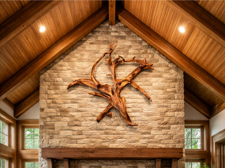  A very large brown Oak Tree root wall art mounted above a wood mantle on a stone wall in a rustic lodge style setting.
