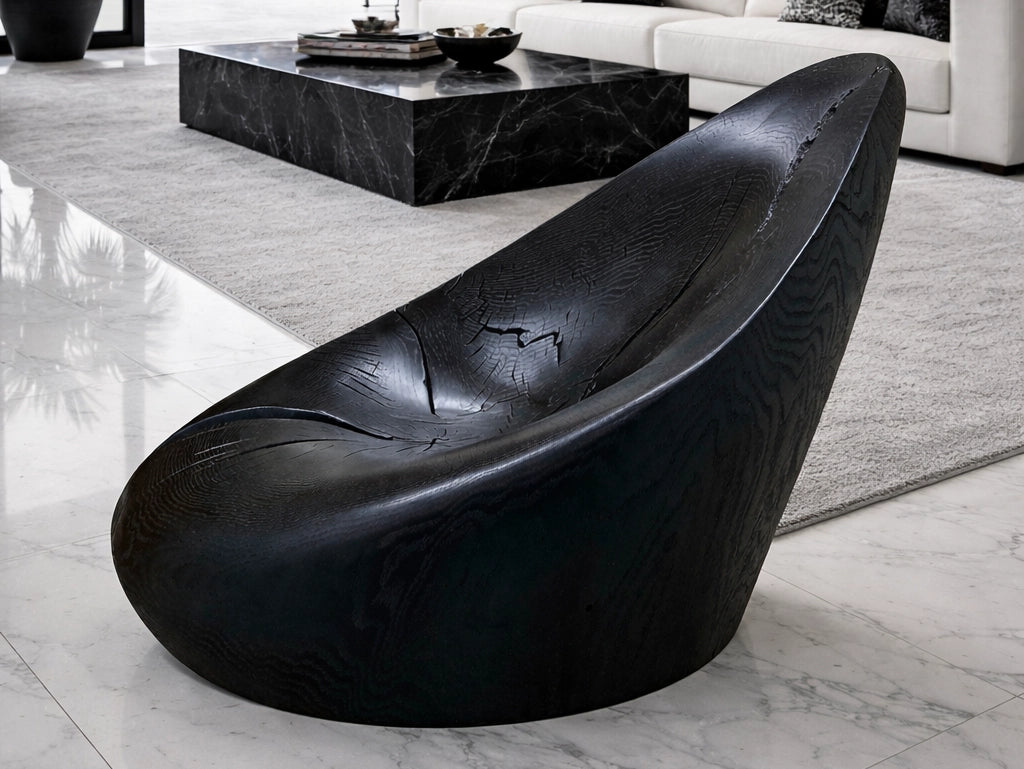 Black satin oak chair carved in the shape of a tear drop to serve as a recliner. 