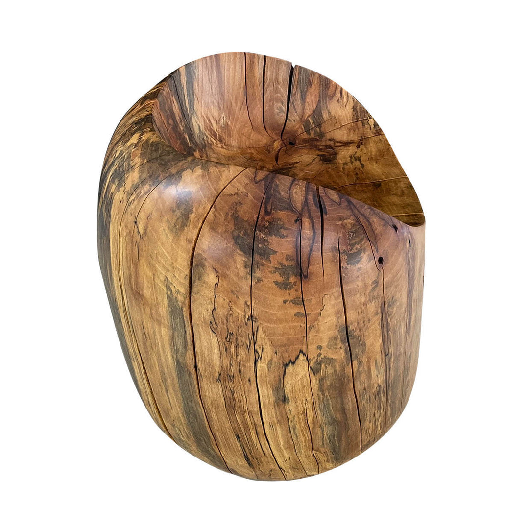 Top view of solid hand carved sycamore chair.  Egg shape with a dip out of the top with white background.