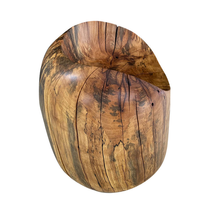 Top view of solid hand carved sycamore chair.  Egg shape with a dip out of the top with white background.