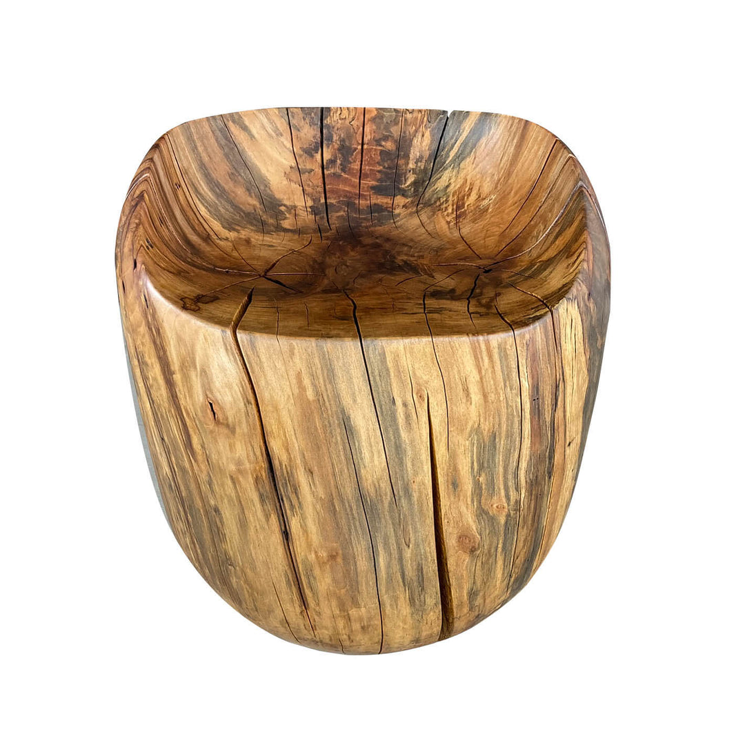 Front view of solid hand carved sycamore vanity chair with white background.