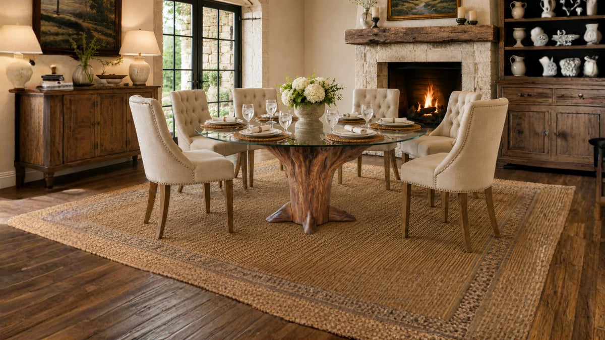A refined oak tree stump dining table with 6 high end chairs and settings next to a fire place with rustic wood and stone  styles.
