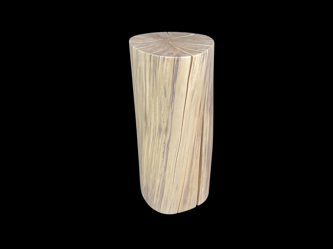 A cylindrical wooden side table from a Poplar log with a natural light wood grain finish, shown against a solid black background.