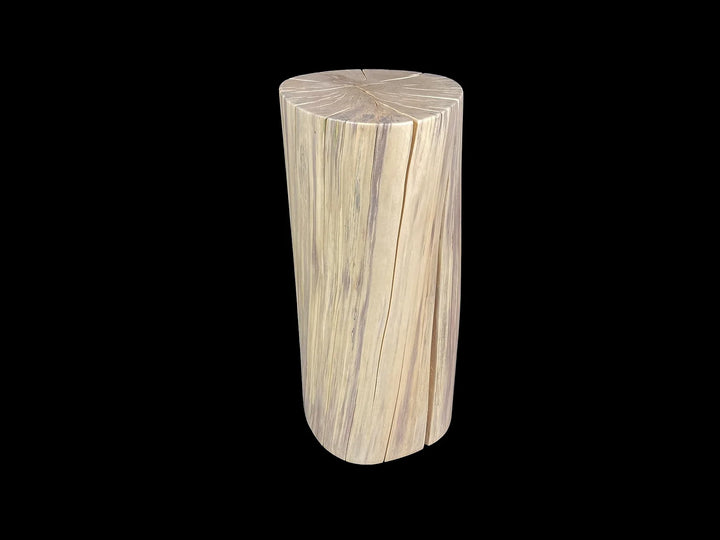 A cylindrical wooden side table from a Poplar log with a natural light wood grain finish, shown against a solid black background.
