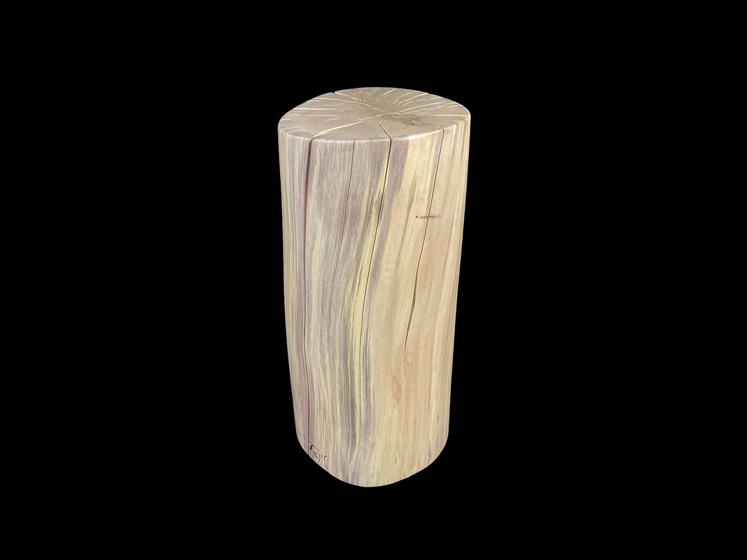 A cylindrical wooden side table made from a natural wood log section, featuring prominent grain patterns in light beige and brown tones, set against a solid black background.