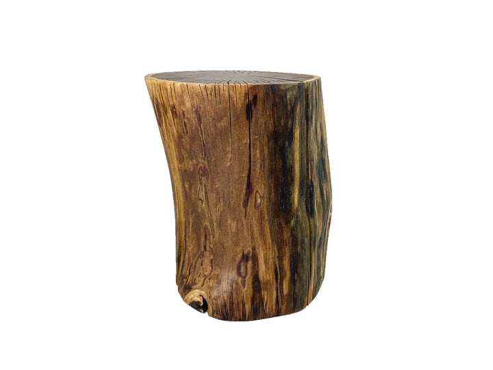 A rustic side table made from a natural log stump, featuring a thick circular top and a curved, tapered body with prominent wood grain and bark texture, isolated on a white background.