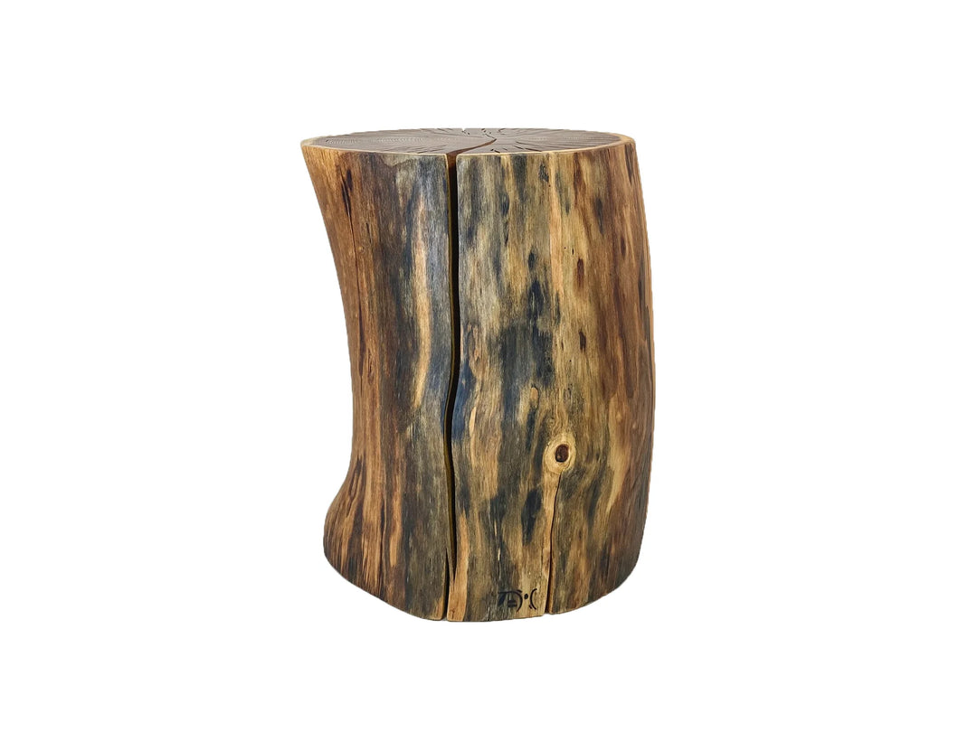 A rustic wooden side table made from a natural tree stump with a curved, sculptural shape, featuring prominent dark and light wood grain patterns, shown on a white background.