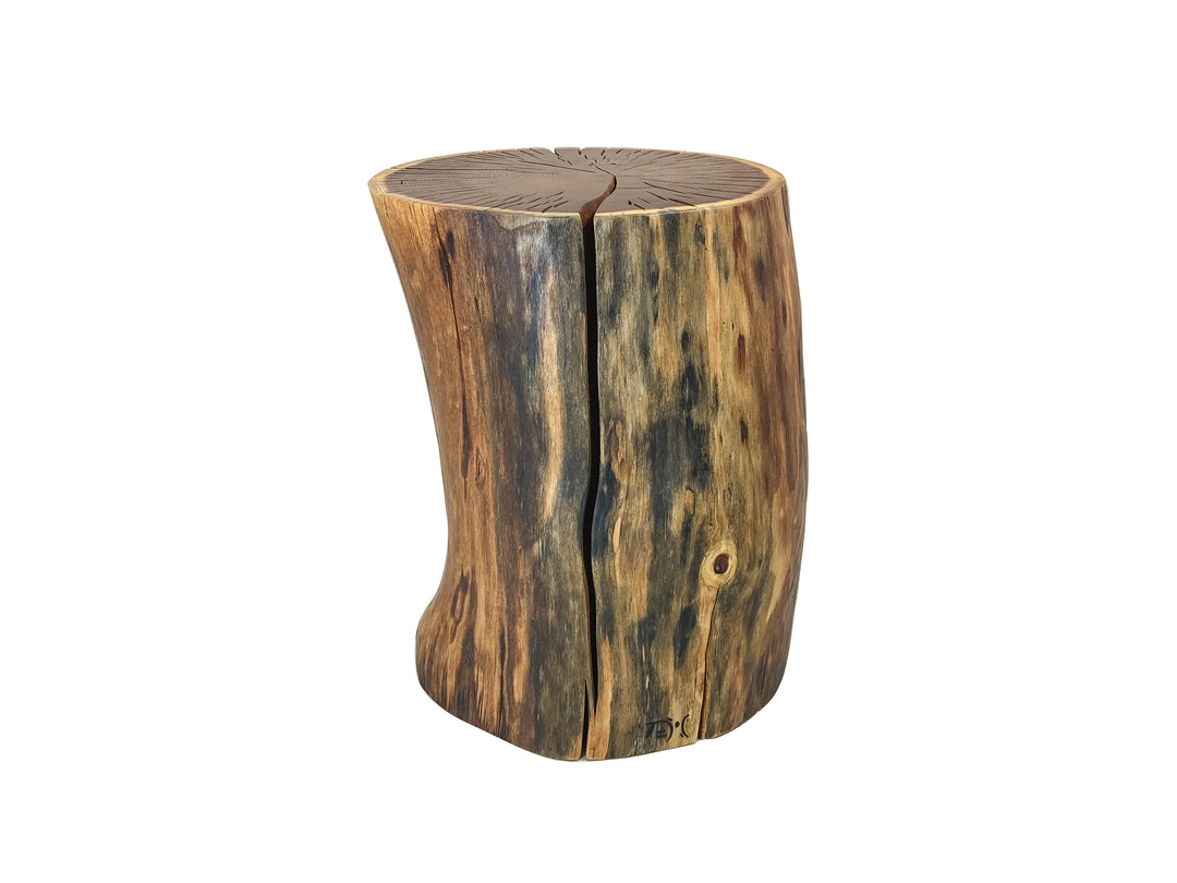 A rustic log-shaped  table made from a natural tree stump, featuring a prominent vertical crack and rich brown and tan wood grain patterns, isolated on a white background.