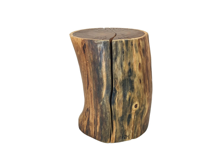 A rustic log-shaped  table made from a natural tree stump, featuring a prominent vertical crack and rich brown and tan wood grain patterns, isolated on a white background.