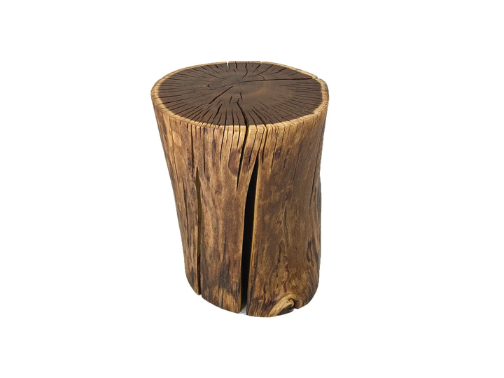 A rustic wooden stump side table with a rustic wood edge and visible wood grain, taken on a white background.