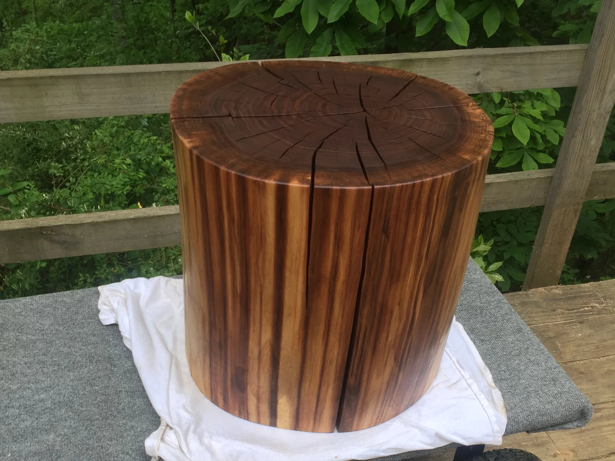 A freshly polished and oiled brown log resting on a white T-shirt on a deck with tree leaves in background.