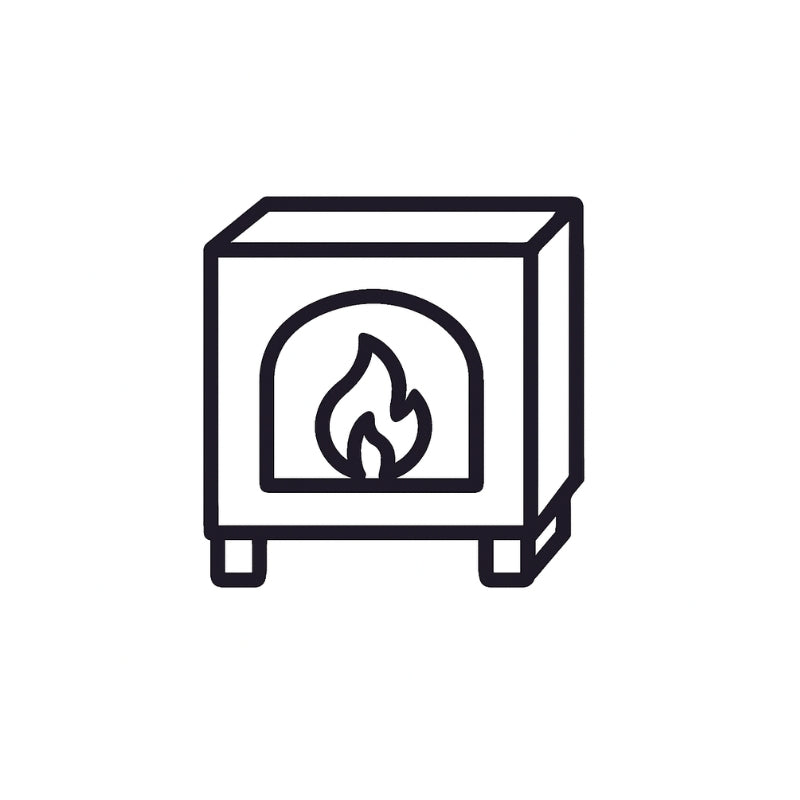 An black and white minimalist icon of a fireplace with a flame inside on a white background representing thorough kiln drying.