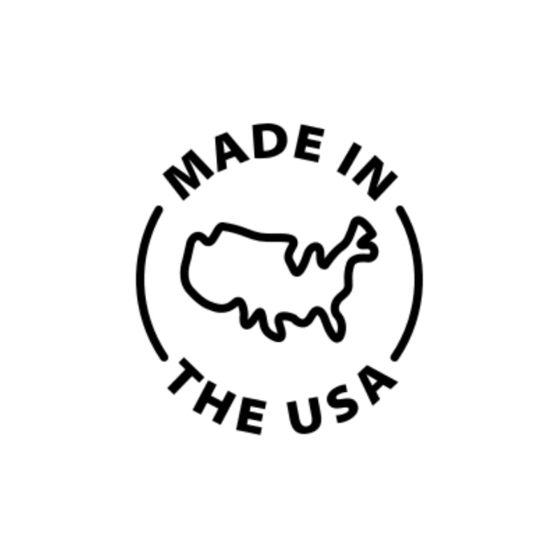 Logo with 'Made in the USA' text and an outline of the United States on a white background