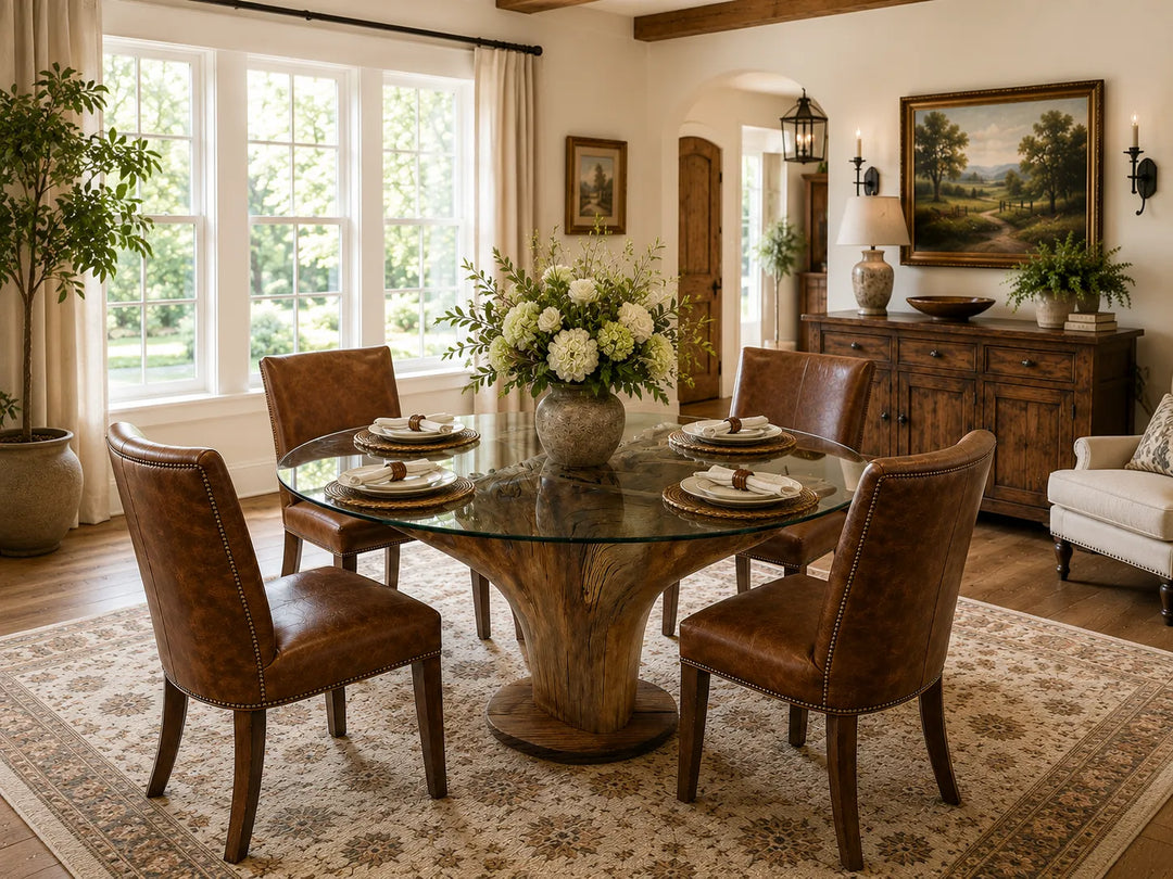 Oak tree stump with roots up as a dining table supporting a round glass top.  Rich country style dining room with 4 chairs and table settings.