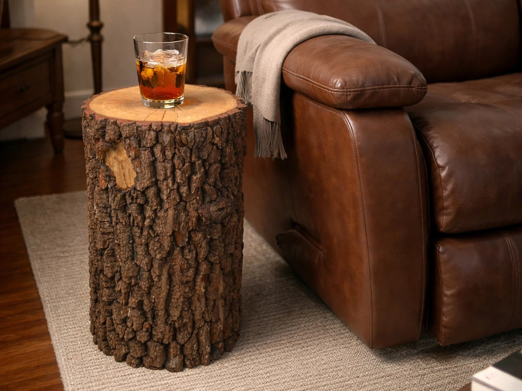 A rustic log side table with a bark-textured finish stands beside a brown leather recliner in a living room. A glass of iced amber drink sits on the tabletop, and a light throw blanket is draped over the arm.