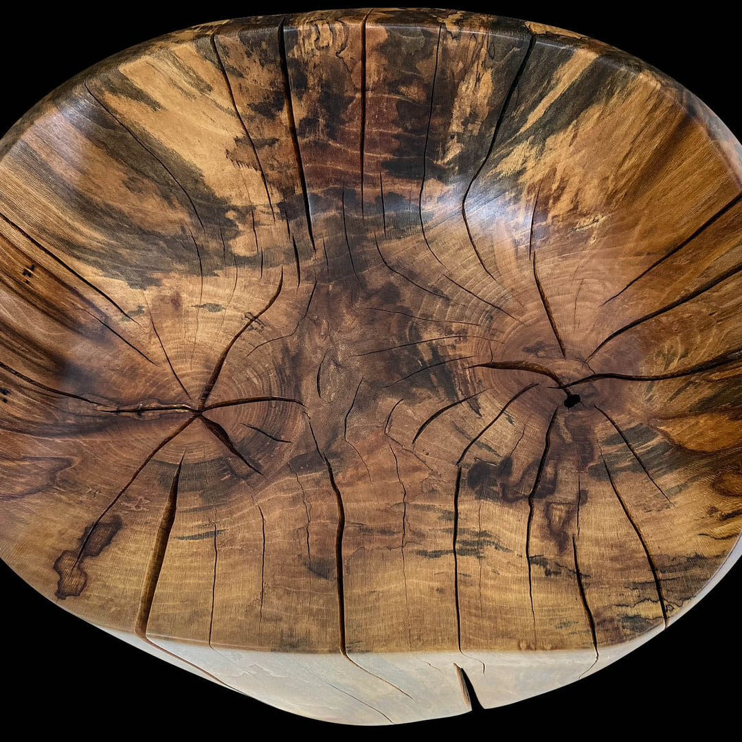 Top view of the seat section of a solid hand carved sycamore chair showing  multi brown tones.