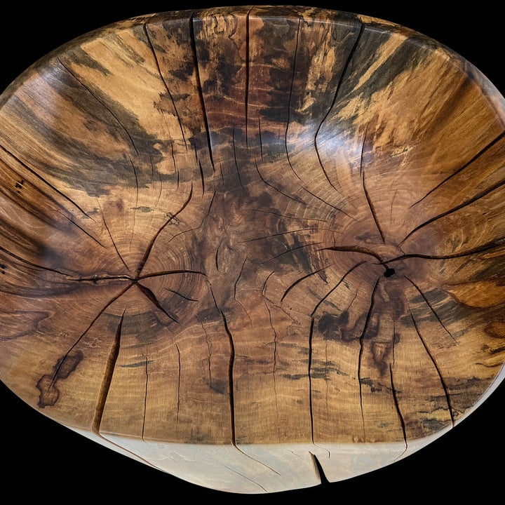 Top view of the seat section of a solid hand carved sycamore chair showing  multi brown tones.