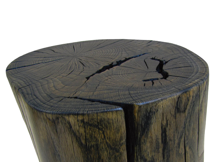 A rustic dark wood cylindrical side table with a thick cut tree stump top, featuring prominent natural cracks and detailed wood grain patterns on a white background.