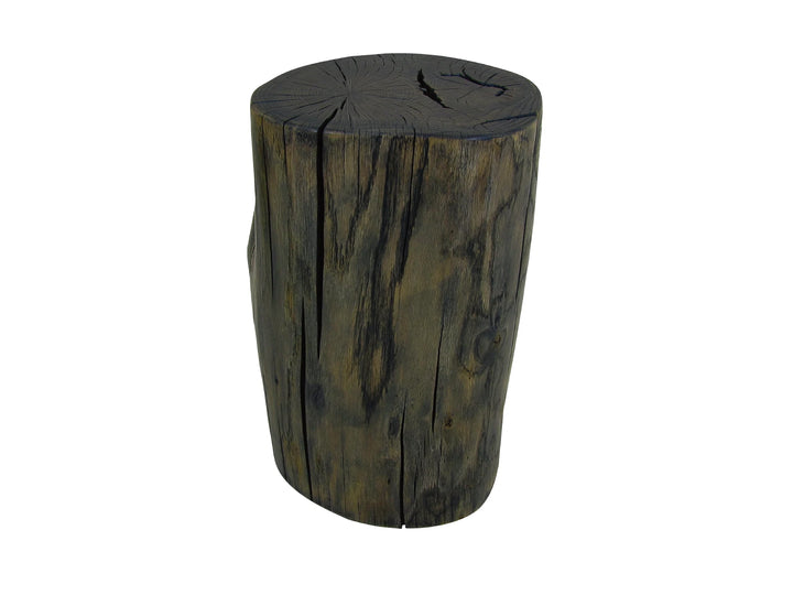 A rustic cylindrical wooden side table made from a natural tree stump, featuring a dark brown and black wood grain finish, placed on a white background.