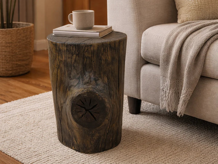 A rustic dark wood stump side table with a visible knot, styled in a living room next to a beige sofa with a throw blanket and a mug on top.