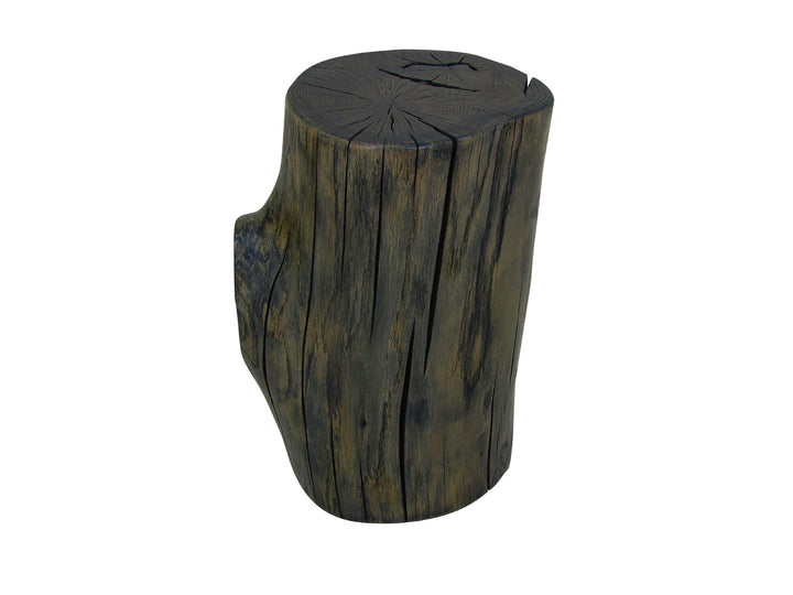 A rustic wood stump side table with a dark brown and black weathered finish, isolated on a white background.