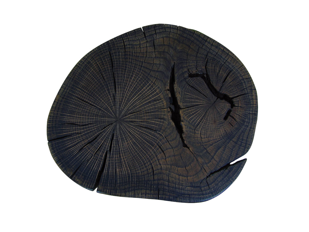 Top view of a solid oak side table with very dark tone and prominent natural grain patterns on a white background.