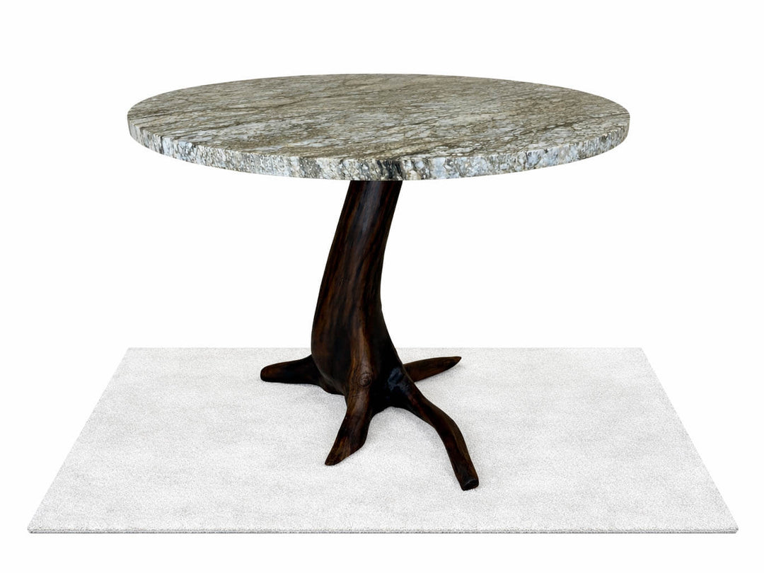 Front view of elegant Black Walnut tree stump with a blue dunes granite top with white back ground