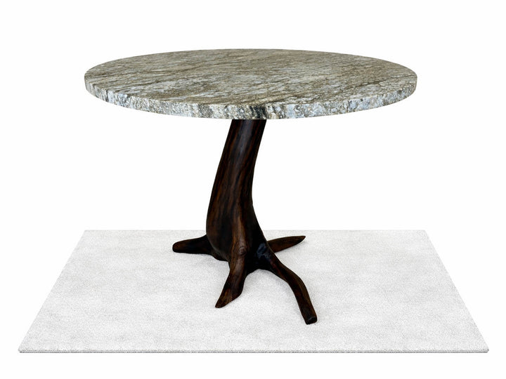 Front view of elegant Black Walnut tree stump with a blue dunes granite top with white back ground