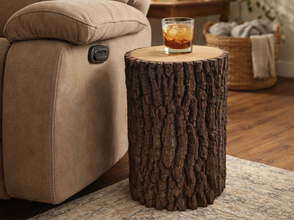 A rustic tree-stump side table with bark intact stands beside a beige recliner in a living room setting, with a beverage on top.