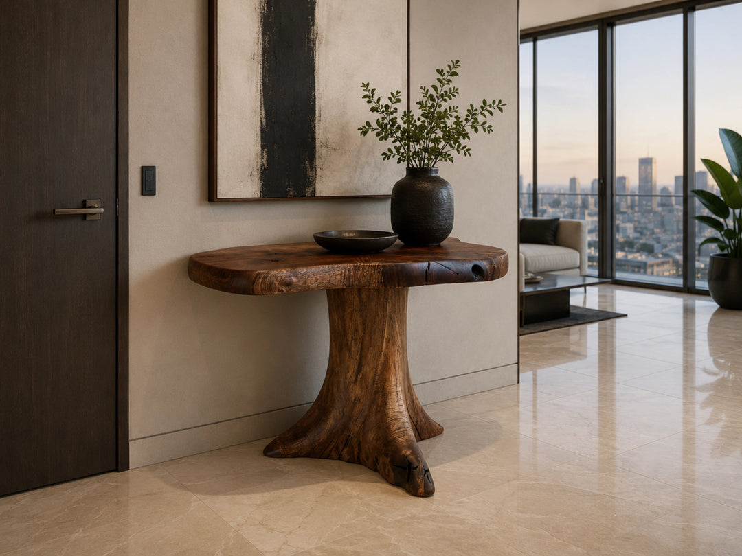 Staged view of live edge Black Walnut slab on a Black Walnut tree stump in a luxurious high rise.