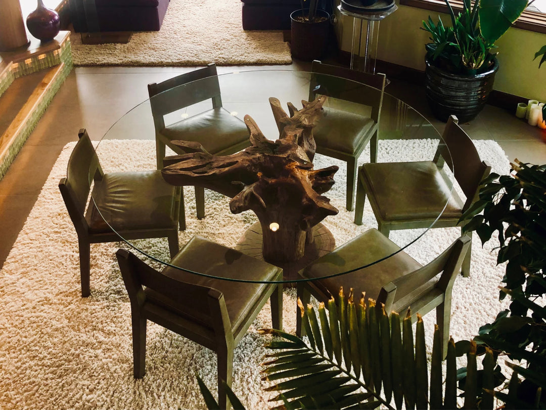 A round glass-top dining table with a natural tree stump base, surrounded by six dark green upholstered chairs in a furnished room with a shag rug and plants.