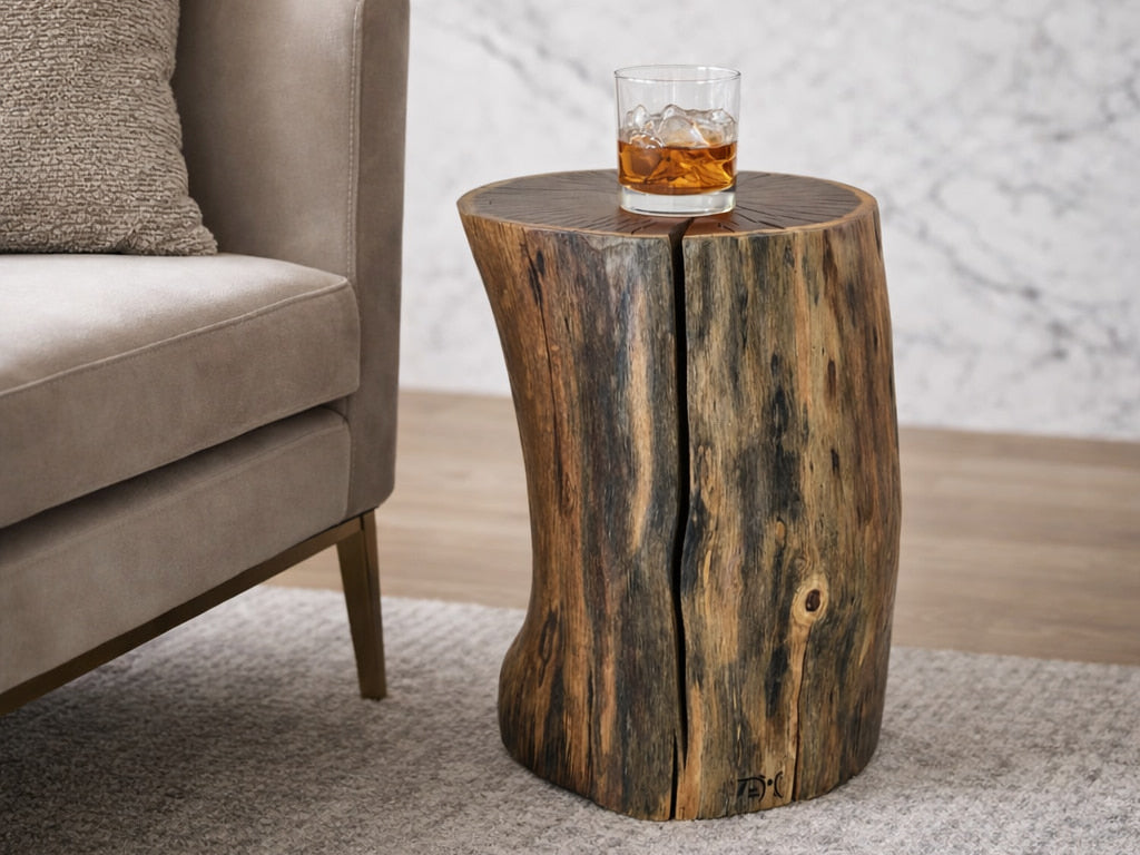 A rustic log-shaped side table with a whiskey glass on top, styled in a living room next to a beige armchair.