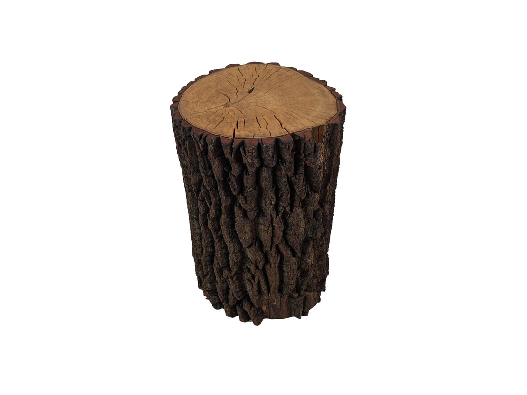A rustic log-shaped side table with a textured bark exterior and a smooth, light brown wood grain top, set on a white background.