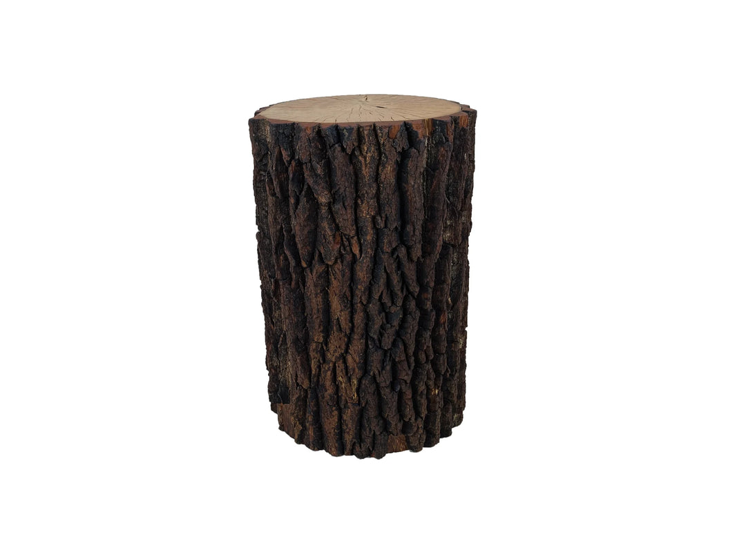 A rustic log-shaped side table with textured bark wood grain and a light tan cut wood top, placed on a white background.