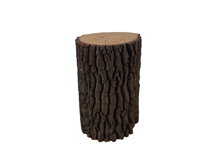 A rustic log-shaped side table with a textured bark exterior and a smooth, light tan wood grain top, placed on a white background.