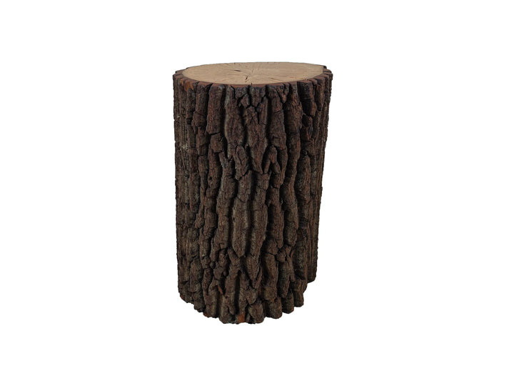 A cylindrical side table made from a real tree stump, featuring a highly textured, dark brown bark exterior and a light tan wood grain top, shown against a plain white background.