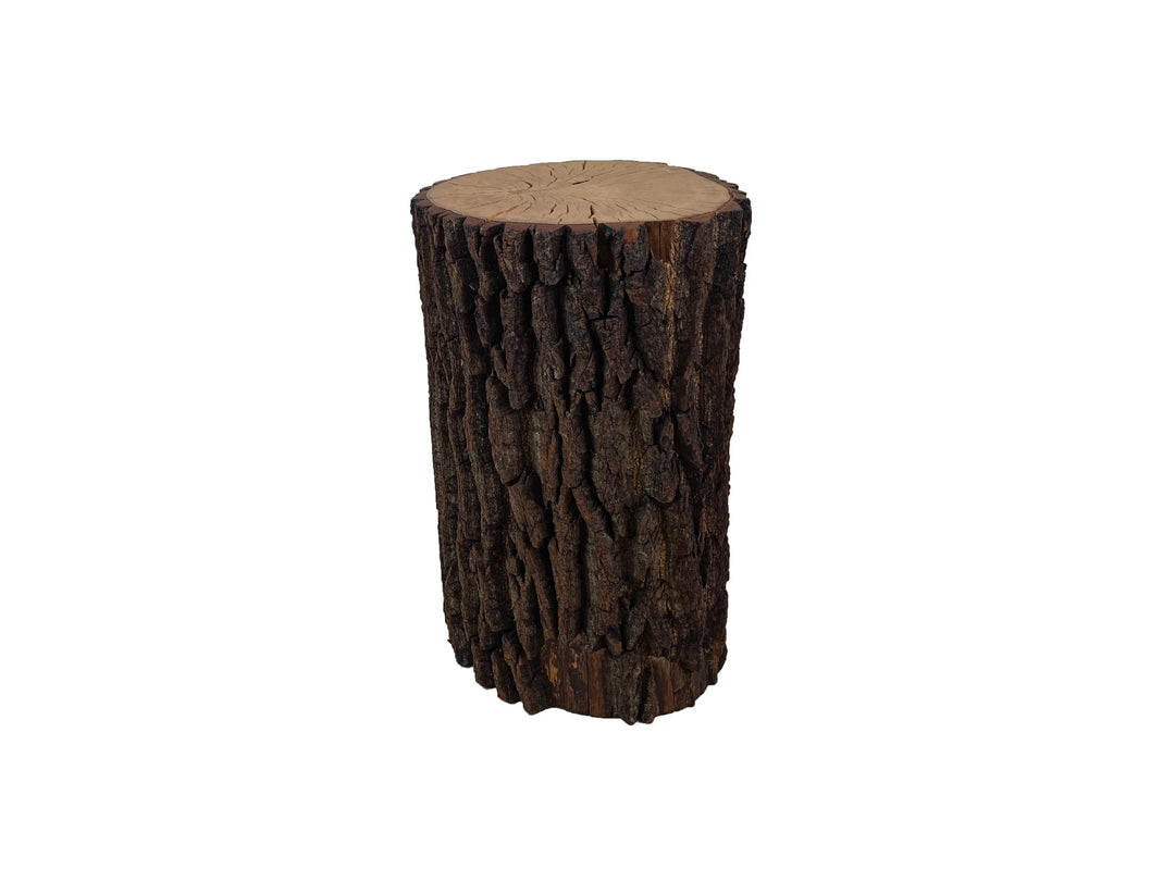 A rustic log side table with textured bark and a burnt orange wood-grain top, set on a white background.